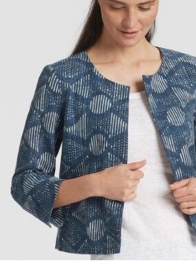 VGUC Eileen Fisher open front linen jacket blue shibori XL